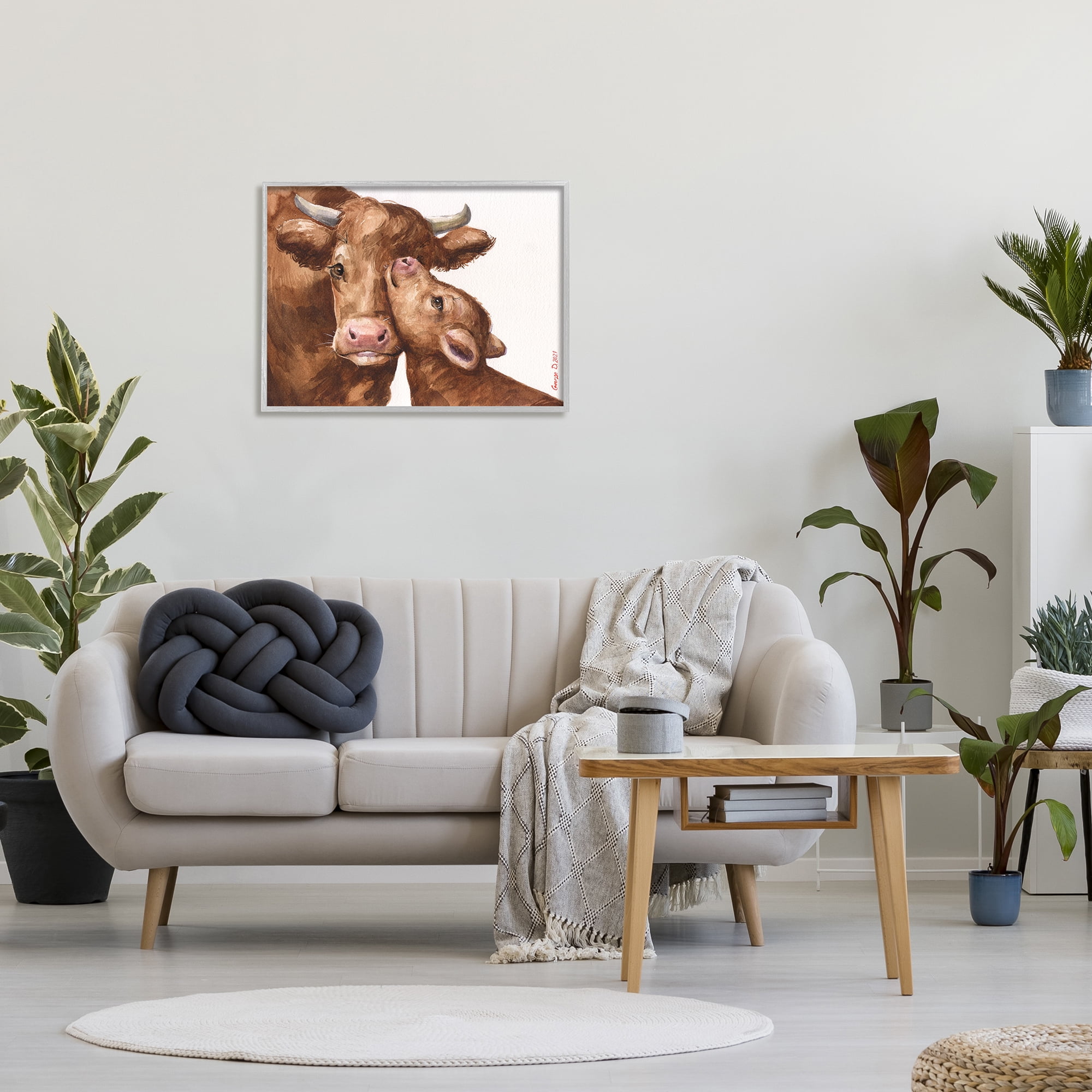 Stupell Industries Compassionate Cattle Mother & Baby Cuddle Rural Farmland Painting Gray Framed Art Print Wall Art, Design by George Dyachenko