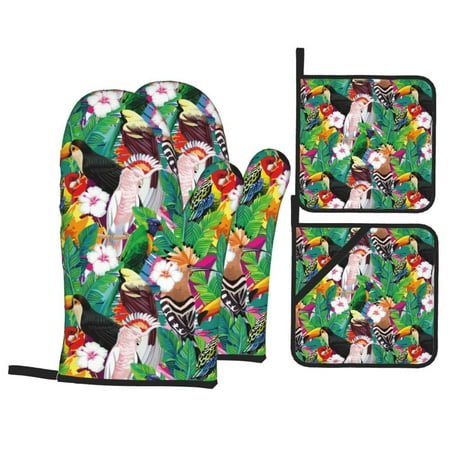 

Oven Mitts and Pot Holders Sets 4 pcs - Tropical Cute Parrot Toucan Plant Heat Resistant Silicone Oven Gloves with Non-Slip Silicone Surface and hot pads for kitchen Baking Cooking BBQ