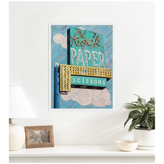 Kate and Laurel Framed Canvas Wall Art Print Rock Paper Scissors by Krista V. Allenstein, 18 x 24 Sylvie White Frame, Vintage, Cityscape Art for Wall Decor