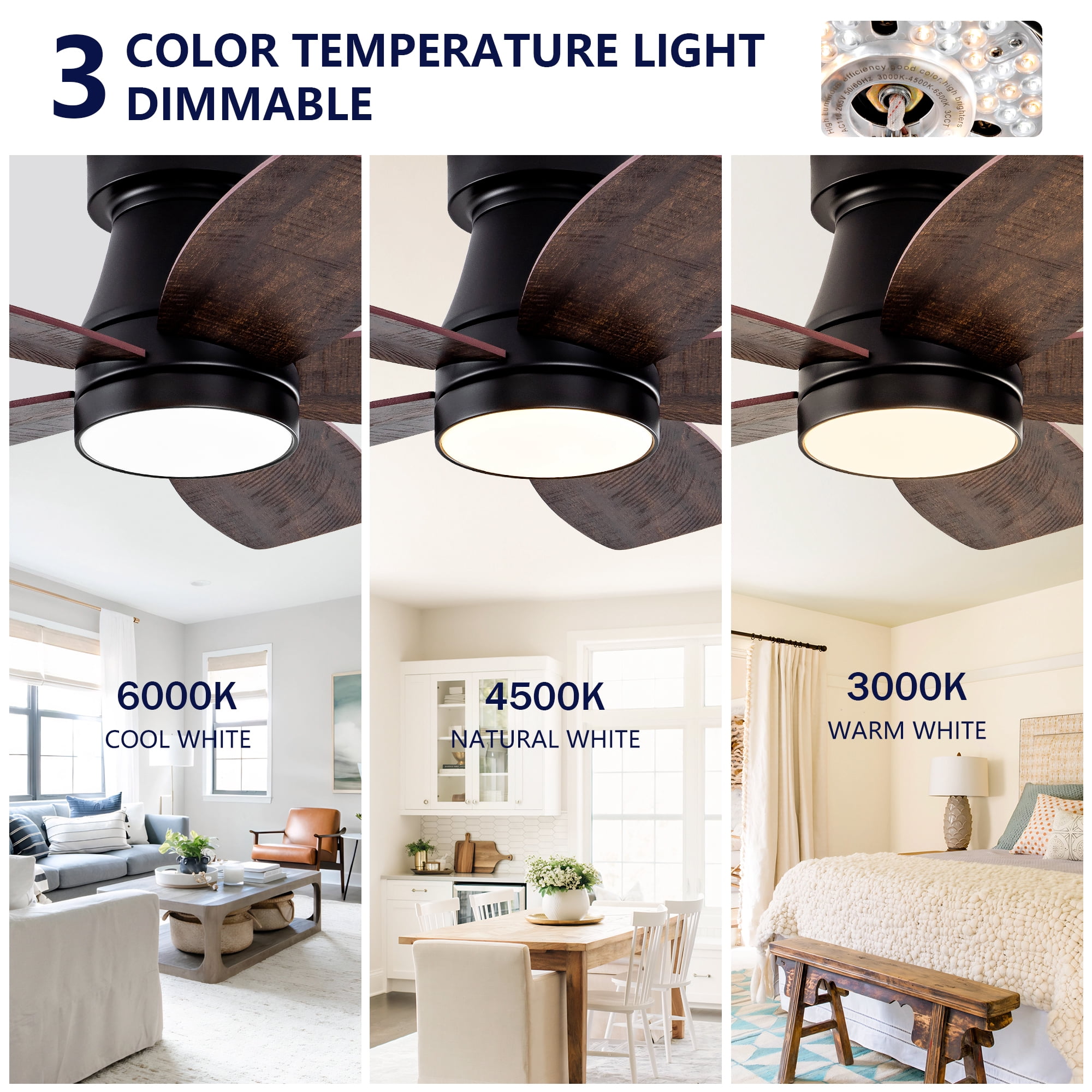 Ceiling Fan with Lights, 32 Inch Low Profile Flush Mount Reversible DC Motor Remote Fan for Bedroom Home, Black Dark Walnut