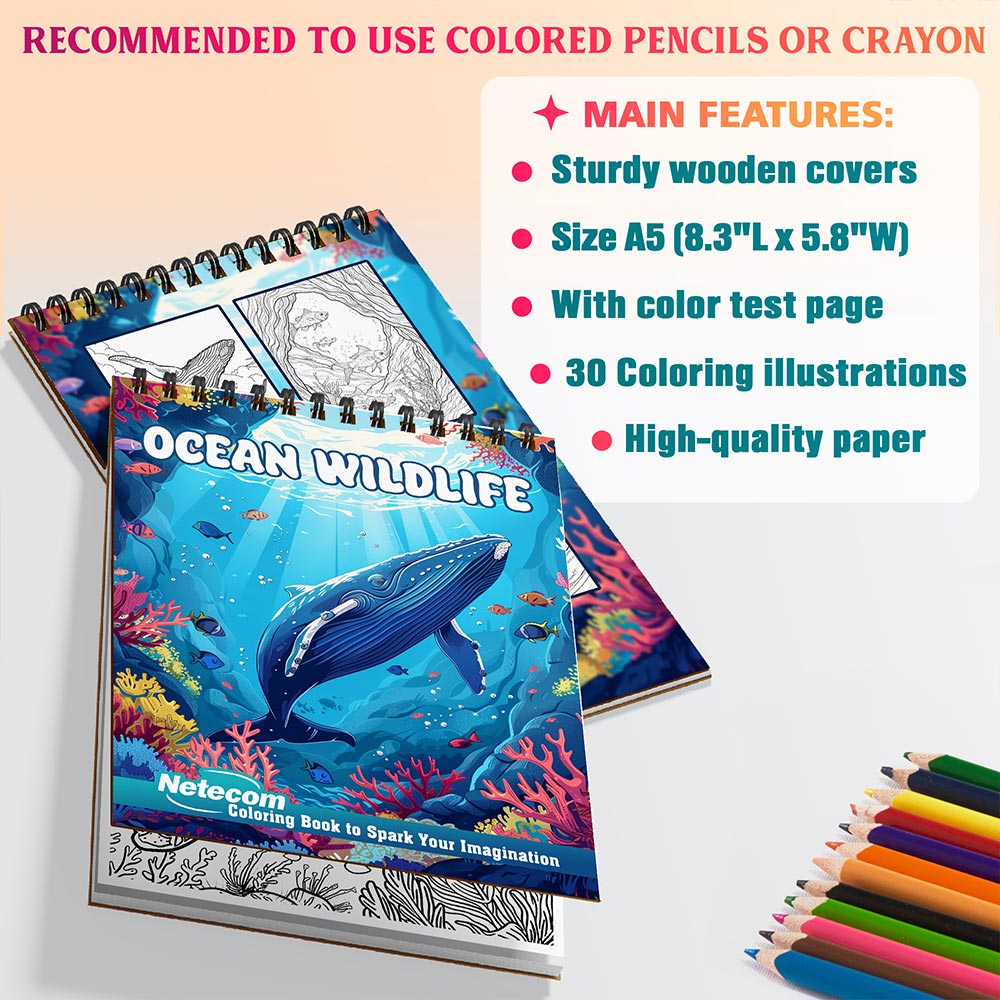 Netecom Ocean Wildlife Coloring Book Spiral Bound for Adults, A5 Wooden Cover, 30 Beautiful Coloring Pages of Life Undersea for Stress Relief and Relaxation