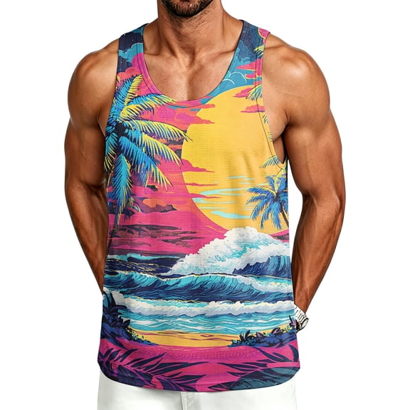 Mens Beach Tank Tops Summer Hawaii Graphic Sleeveless Workout Shirts Casual Loose Fit Tank Tops for Men