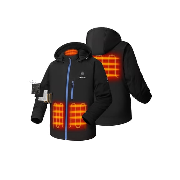 ororo Men's Upgraded 4-Zone Heated Jacket with Battery and Detachable Hood, for Hiking, Skiing & Camping (Black/Blue Zipper, L)