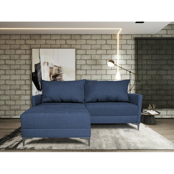 Sala Esquinera Modular El Bazar Store Montana Azul marino 170x155 cm, Tela Lino nacional, Love seat y taburete