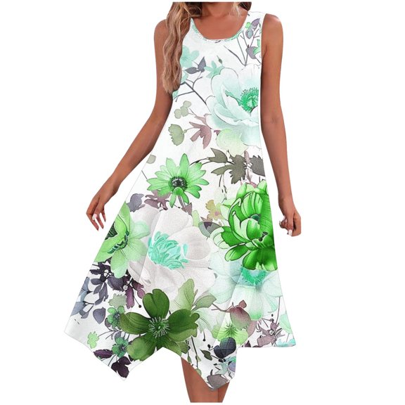 SMihono Women's Summer Sleeveless Floral Print A-Line Swing Dress Crew Neck Loose Fit Beach Party Dresses Green 12