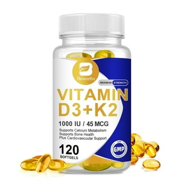 Vitamin D3 K2 1000 IU - Cardiovascular Support, Supports Bone Heart Health - K2 D3 Vitamin Supplement - 120 Capsules