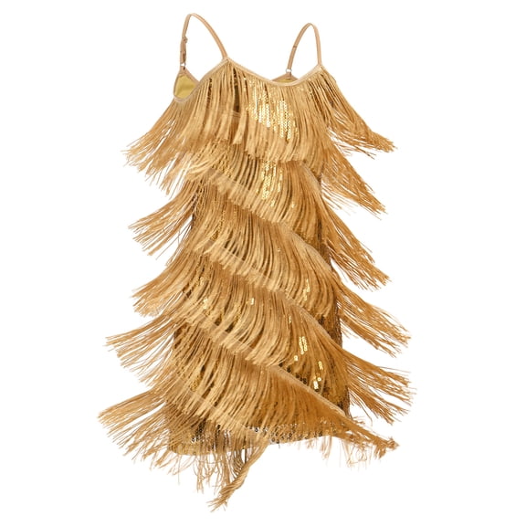 IDOPIP Kids Girls 1920s Flapper Dress Tassels Sequins Fringe Latin Dance Dress 1920s Gatsby Halloween Party Ballroom Dance Costumes 10-11 Years Gold