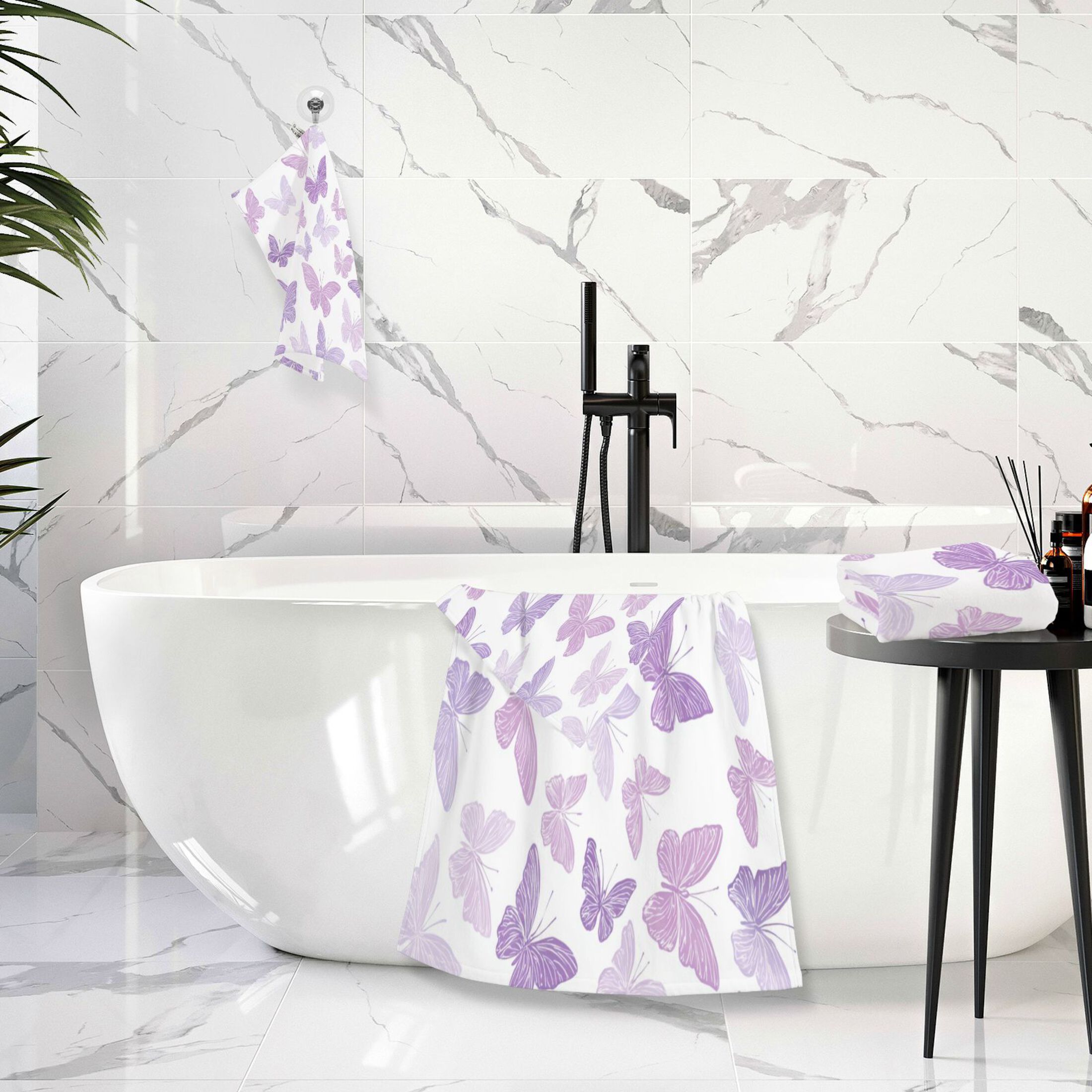 Qxltty Purple Butterfly Bath and Hand Towel Set 100% Cotton Towels for Bathroom Soft Durable and Absorbent