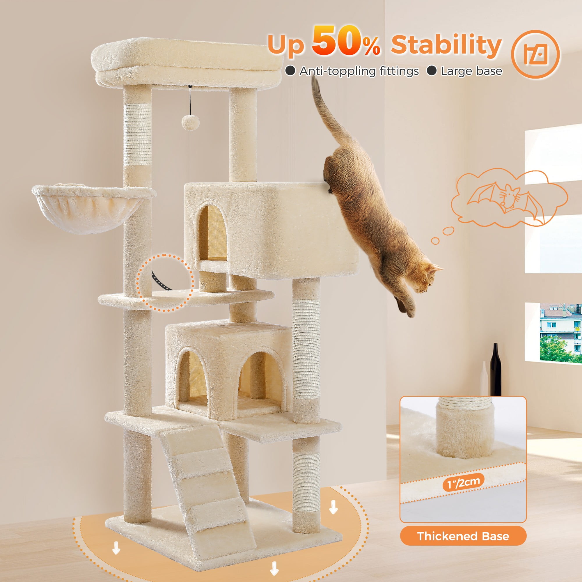 Kadyn 56" Cat Tree Tower for Indoor Cats, Cat Tree House for Multiple Cats with 2 Cozy Condos, Top Perch, Hammock, Climbing ladder and Dangling Ball, Dark Gray