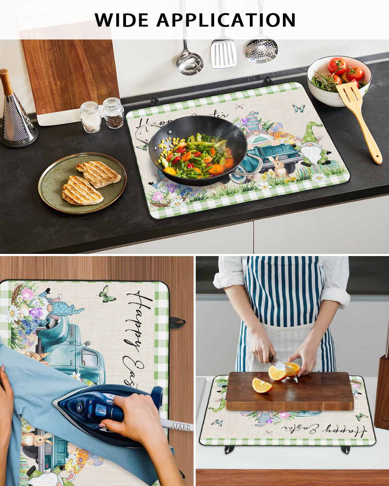 Large Induction Cooktop Protector Mat Easter Stove Top Covers for Electric Stove, Green Plaid Blue Truck Eggs Bunny Rustic Decorative Stove Burner Cover Mats, Glass Top Stove Cover