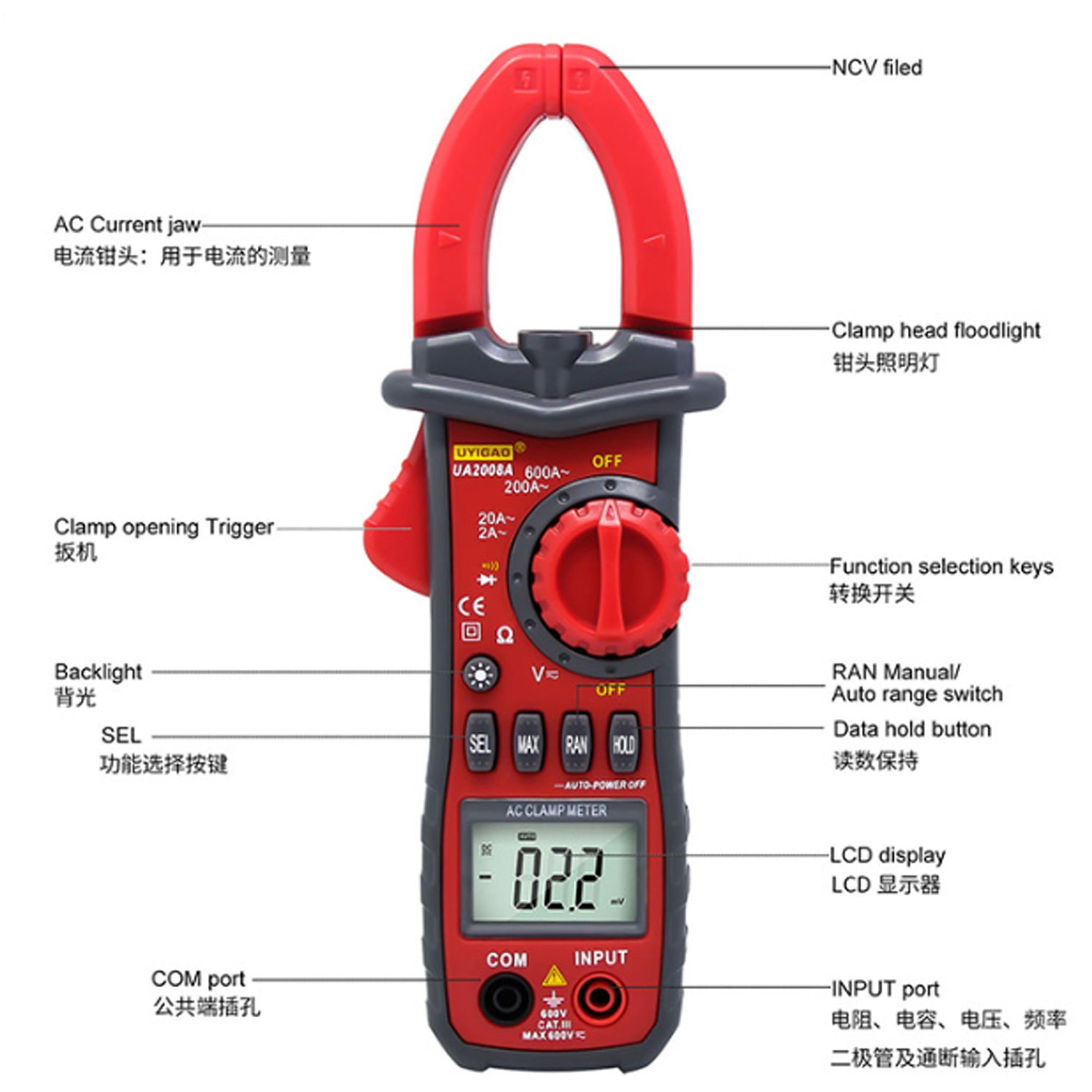 UA2008A Handheld Dual Open Digital Clamp Multimeter Voltage Test Probes With Carrying Box