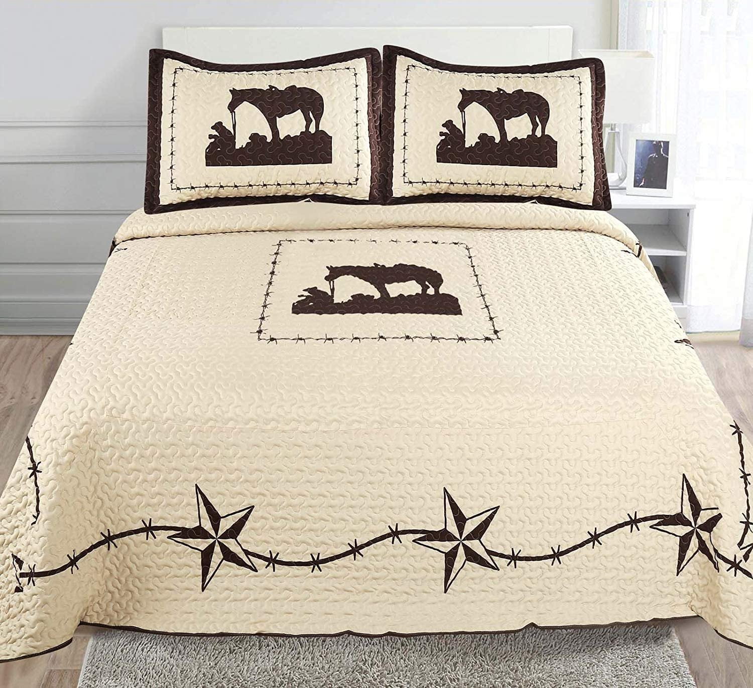 Western Star Cowboy Horse Horseshoe Quilt Bedspread Comforter Shams 3 Pcs Set 