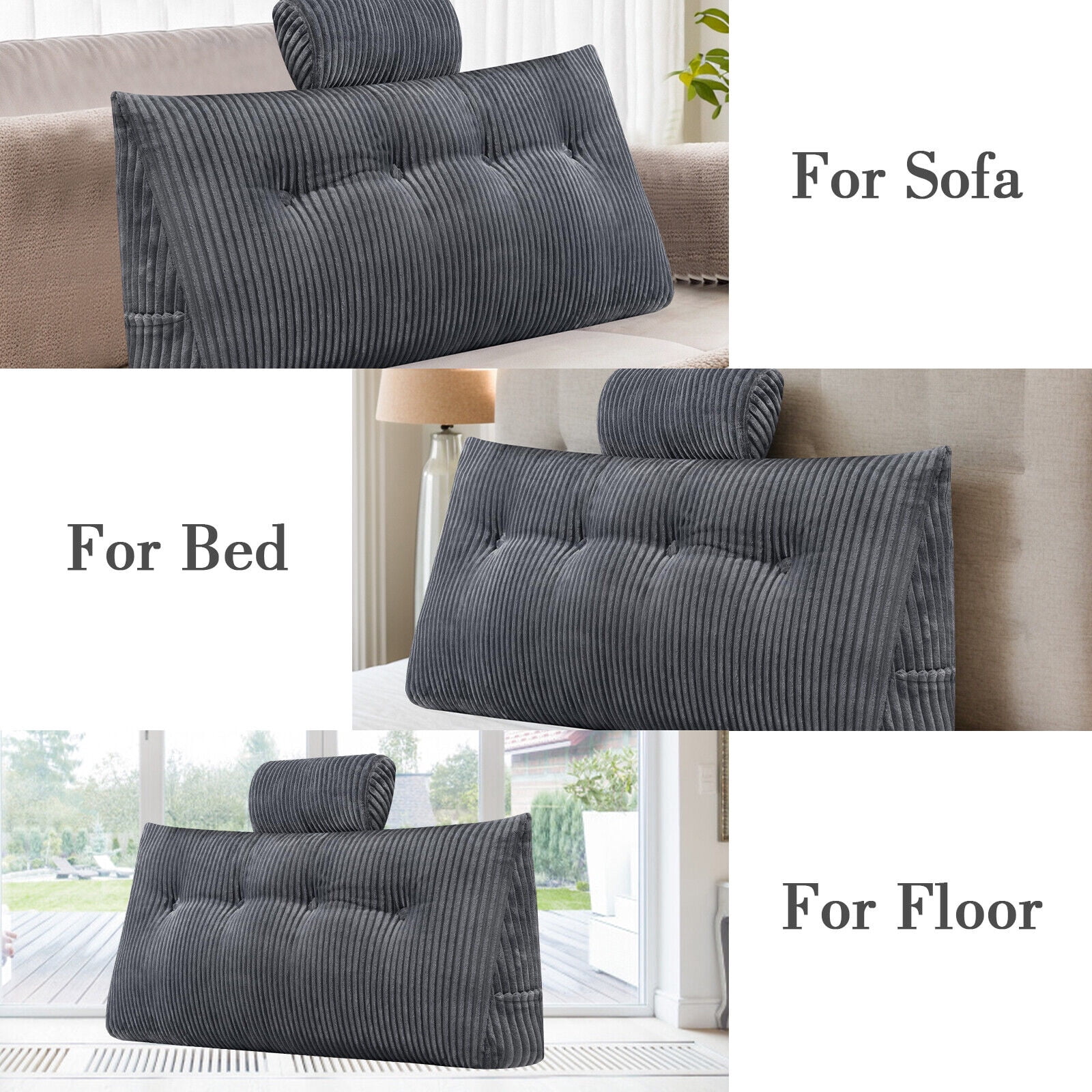 TOPCHANCES Headboard Reading Pillow with Pocket, Triangular Wedge Bedside Backrest Support Cushion with Detachable Neck Roll Pillow, Grey, 39x8x20 Inches