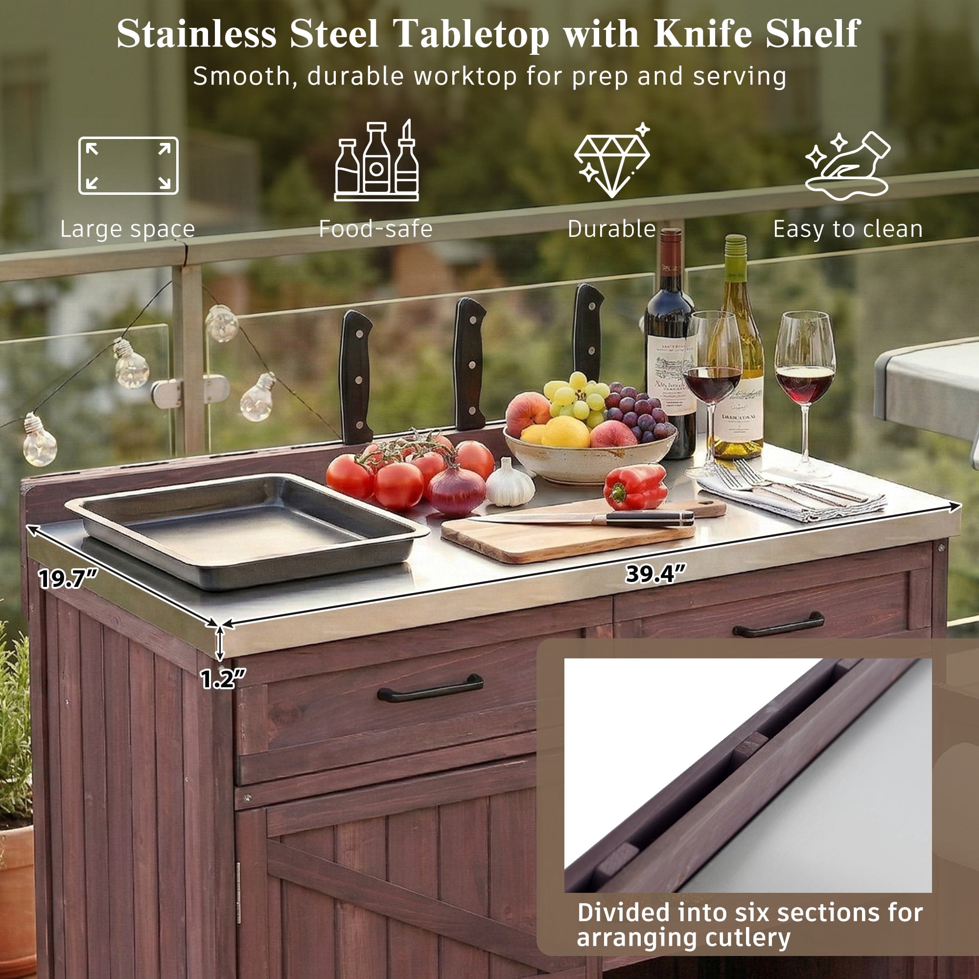 Mintazer 39.4" Outdoor Kitchen Island with Stainless Table Top & Storage Racks, Storage Kitchen Cabinet with Drawer & Adjustable Shelves, Brown