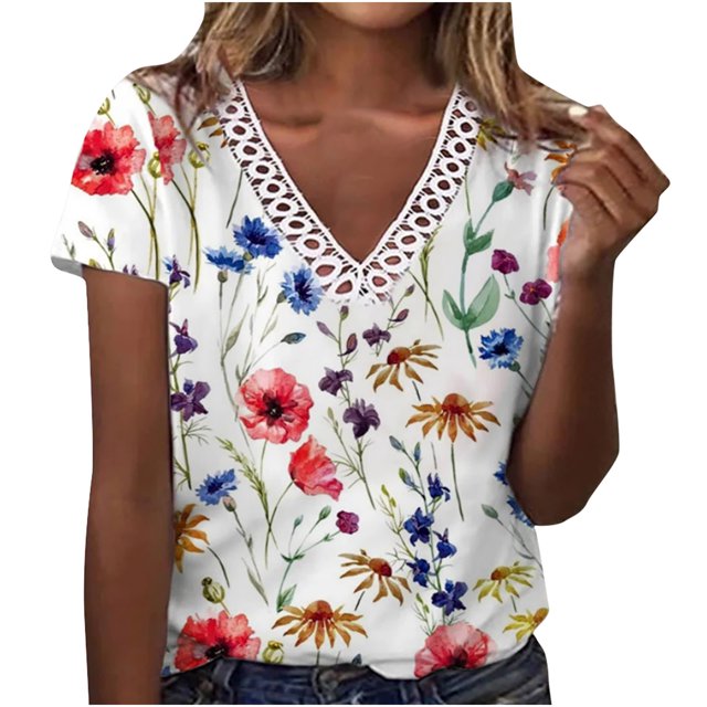 Tops de Mujer Elegantes Blusas Casuales Camisas de Moda Con Cuello en V Manga Corta Impresa Camiseta Odeerbi ODB165447