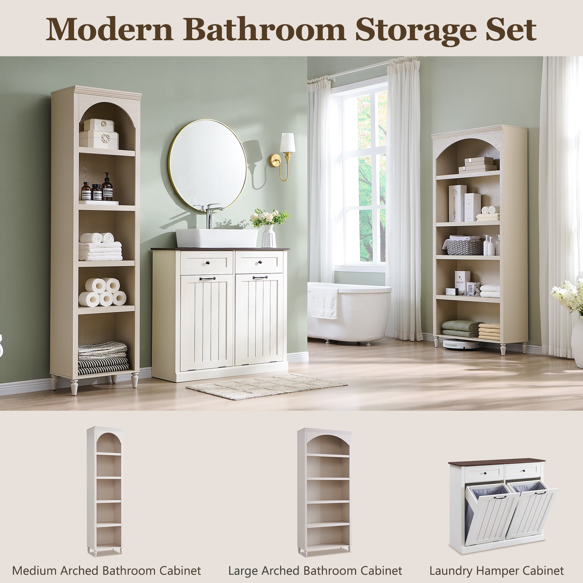 SinCiDo Tall Arched Bathroom Storage Cabinet with Adjustable Shelves, 5-Tier Bathroom Cabinet for Bathroom, Kitchen, Living Room, Cream