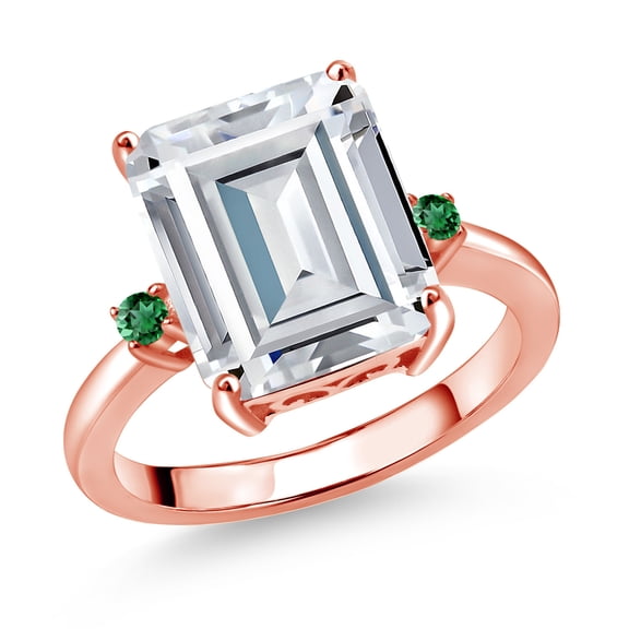 Gem Stone King 18K Rose Gold Plated Silver Green Nano Emerald Ring Set with Moissanite (7.43 Cttw) (Size 6)