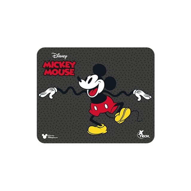 tapete para mouse mickey mouse xtech xtech xta-d100mk alfombrilla negra para mouse y gaming con ilustración central de Mickey Mouse caminando en rojo, amarillo y blanco sobre fondo texturizado gris oscuro; logotipo Xtech en esquina y superficie texturizada para precisión y control, también apta para escritorios y viajes.