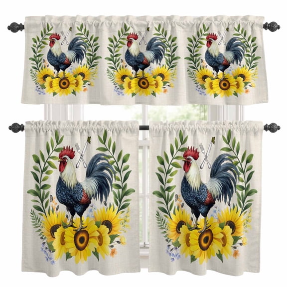 Sunflowers Rooster Kitchen Curtains Sets for Windows 36 Inch Length, Watercolor Leaves Retro Art Rustic Rod Pocket Window Treatments Tier Curtains and Valances Set for Bedroom/Bathroom