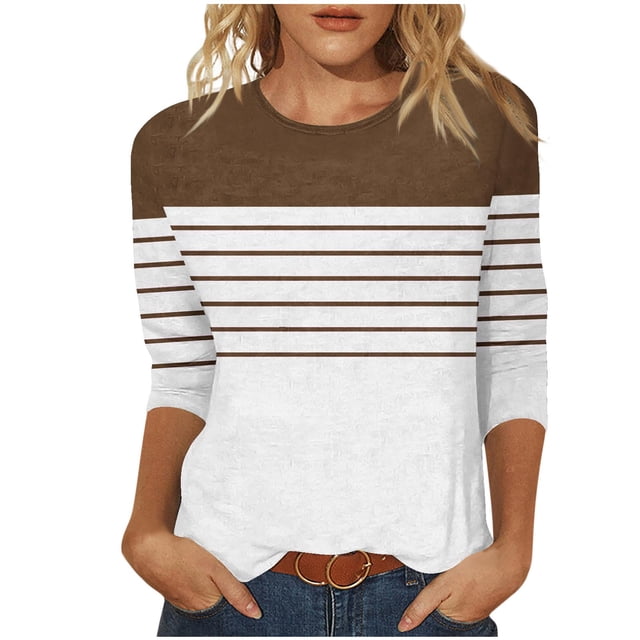 VSSSJ Hauts pour Femmes à Manches 3/4 à Blocs de Couleur Rayés Imprimés Col Rond Été Respirants Confortables Coupe Ample Tunique Décontractée T-Shirt Brun TTG