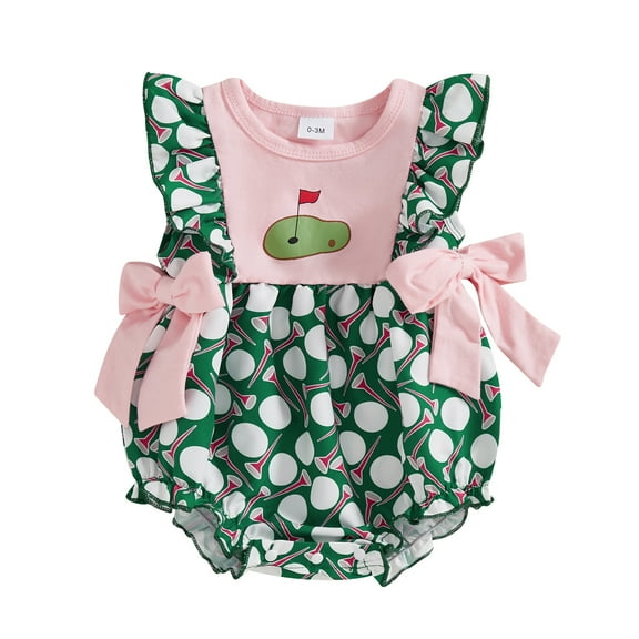 Qmyliery Baby Girl Summer Romper Ruffle Sleeveless Golf Ball Print Bow Bodysuit Newborn Playsuit