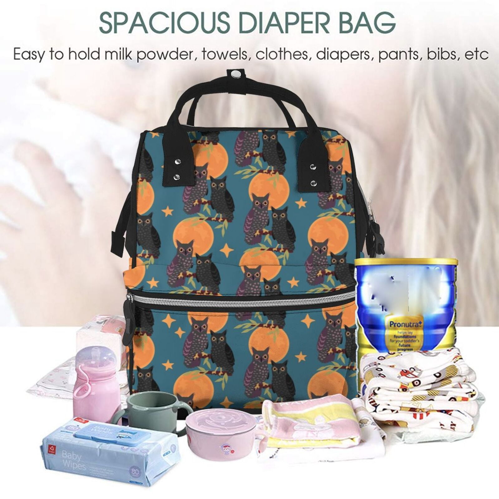 Fuzoiu Owls In Cartoon Style Print Diaper Bag Backpack,Baby Essentials Travel Tote,Multi function Waterproof Diaper Bag, Travel Essentials Baby Bag - Unisex