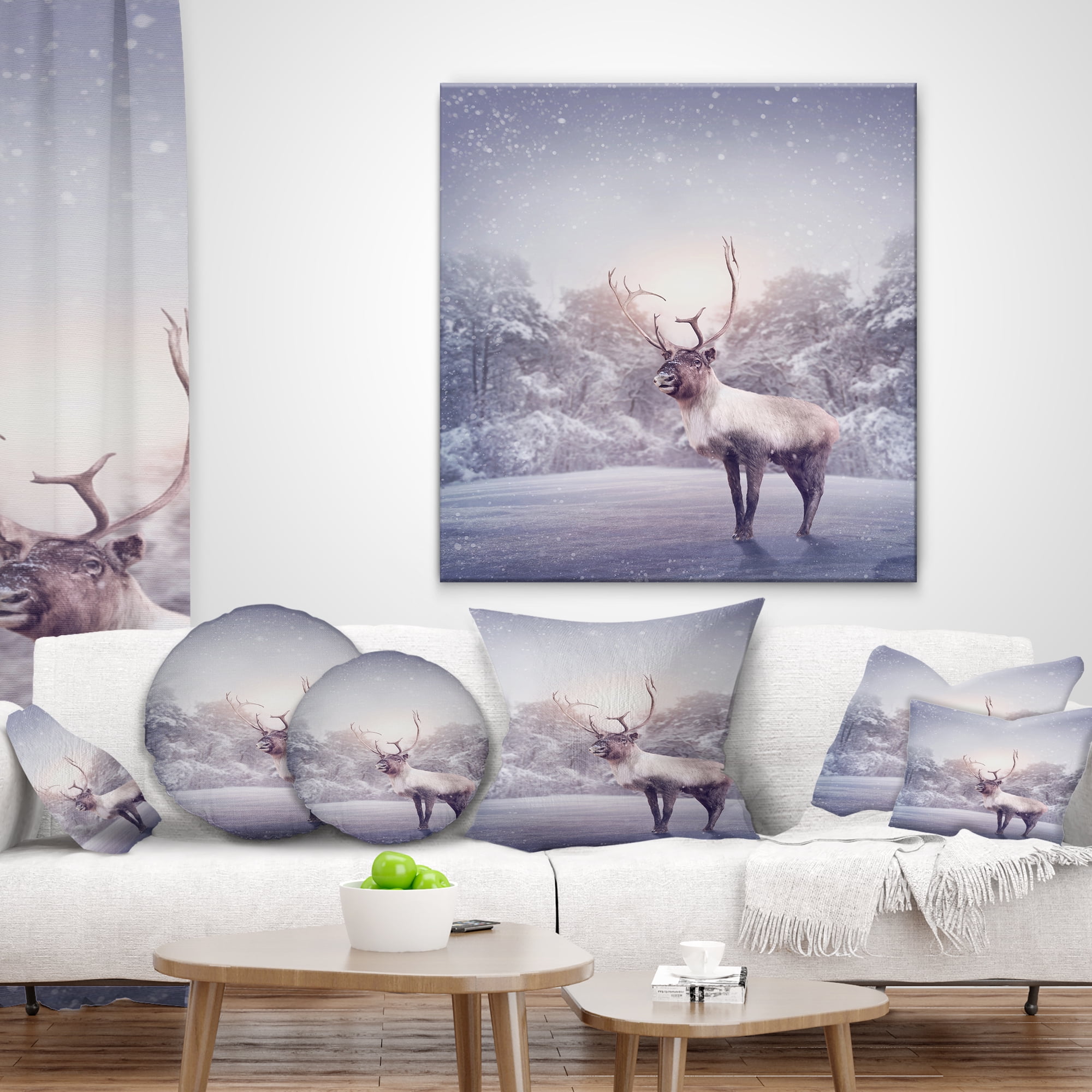 Designart Huge Reindeer Standing in Snow - Animal Throw Pillow - 16x16