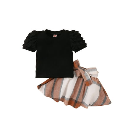 

Qtinghua Toddler Baby Girls Summer Clothes Short Puff Sleeve Shirt Tops+Plaids Print A-Lined Dress Set Black 2-3 Years
