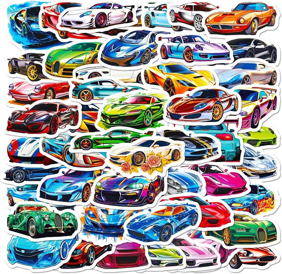 BEATRI Super Car Stickers 50-Pack – Waterproof Vinyl Decals For Water Bottles, Laptops, Skateboards