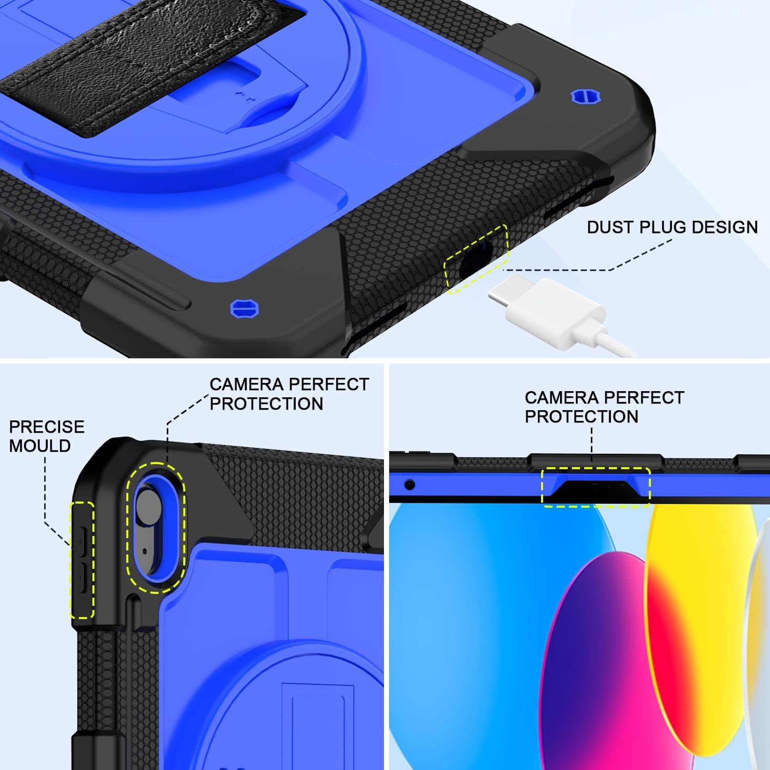BMOUO Case for iPad (A16) 11th Generation 11" 2025/iPad 10th Generation 10.9 inch 2022, 360 Rotating Stand & Pencil Holder & Hand & Shoulder Strap Shockproof iPad 11th/10th Generation Case, Blue
