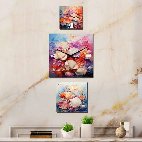 Designart "Coastal Shell Splendor" Seashell Extra large Clock For Office Décor - Large Modern Wall Clock - Oversized Multicolor Wall Clock - Set Of 3
