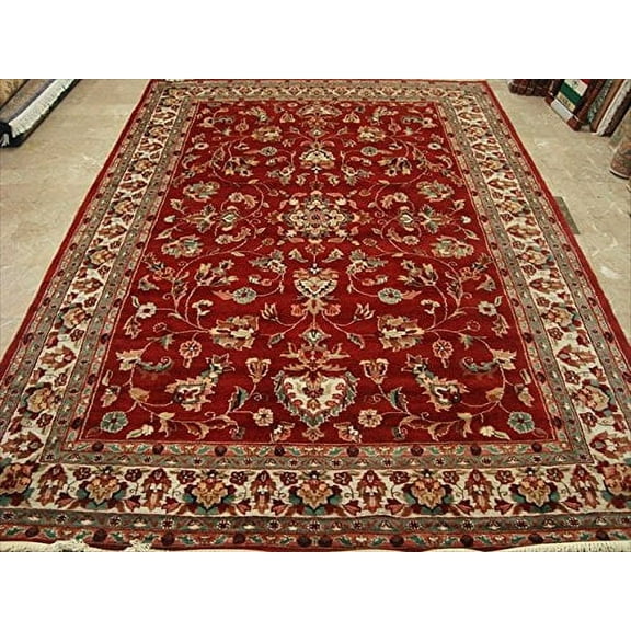 Ahmedani Linen Rectangle Area Rug Amazing Red Floral Home Decor Living Room & Bedroom Hand Knotted Silk Wool Carpet (10 x 7)'
