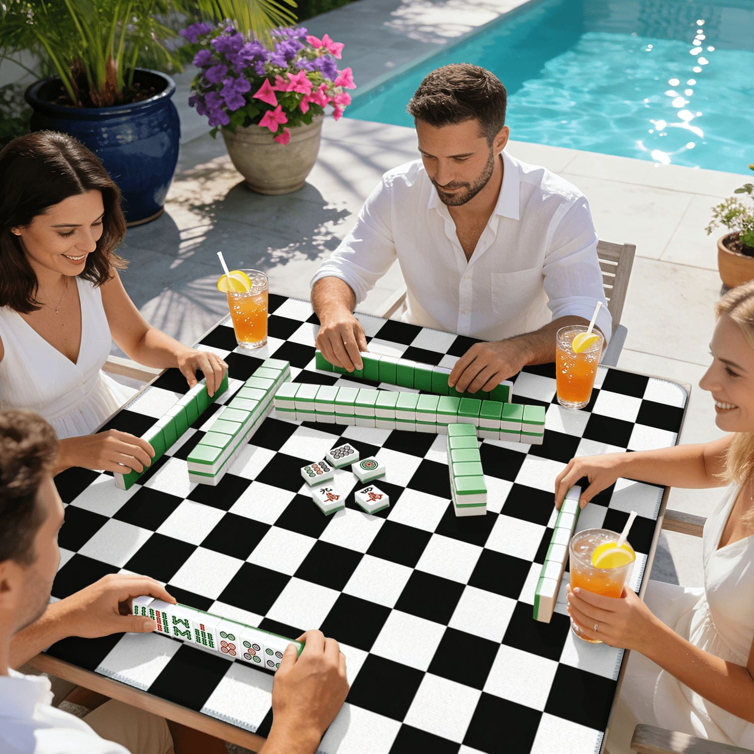 Mahjong Mat 31.5" x 31.5" Seamless Black white checkered Black white squares Non-Slip Noise Reduction American Mahjong Tiles Table Cover for Dominoes Poker Card Board Games Gift