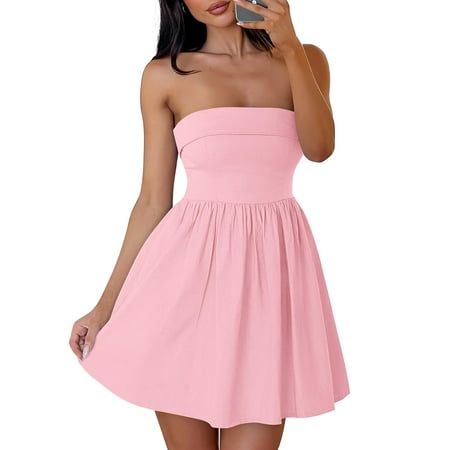 Women s Summer Strapless Mini Dress 2025 Sexy Off Shoulder High Waist A Line Swing Party Short Dresses Black Large