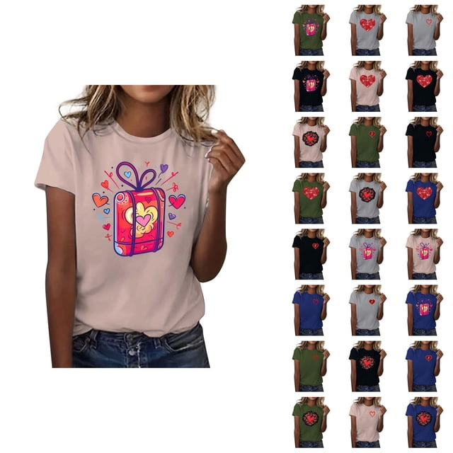 T-shirts de la Saint-Valentin pour Femmes 2026 à Manches Courtes Col Rond avec Cœur Graphique