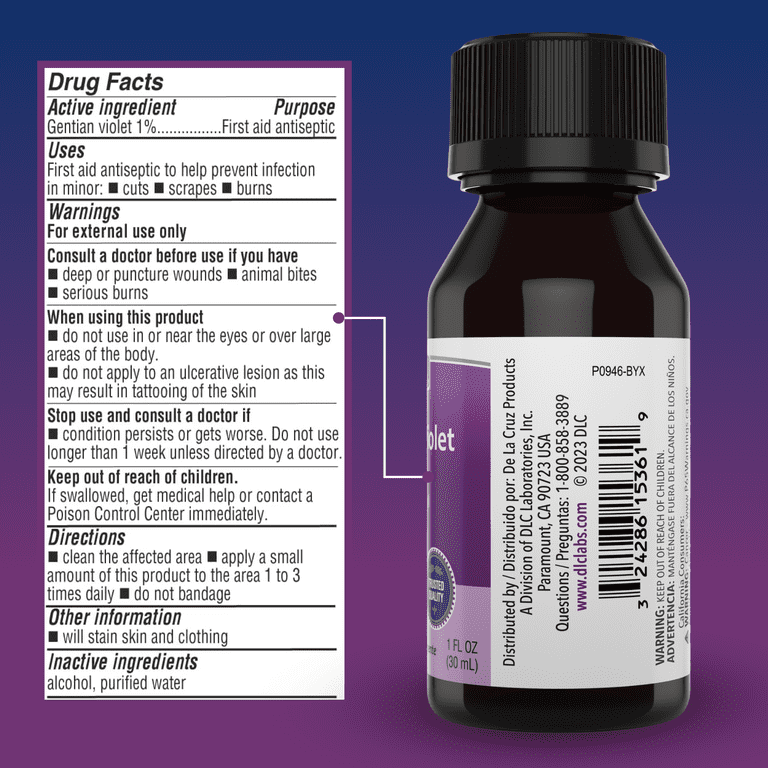 purple lotion wound dressing De La Cruz 1% Gentian Violet First Aid Antiseptic for cuts and scrapes, 1 fl oz, 3 Pack