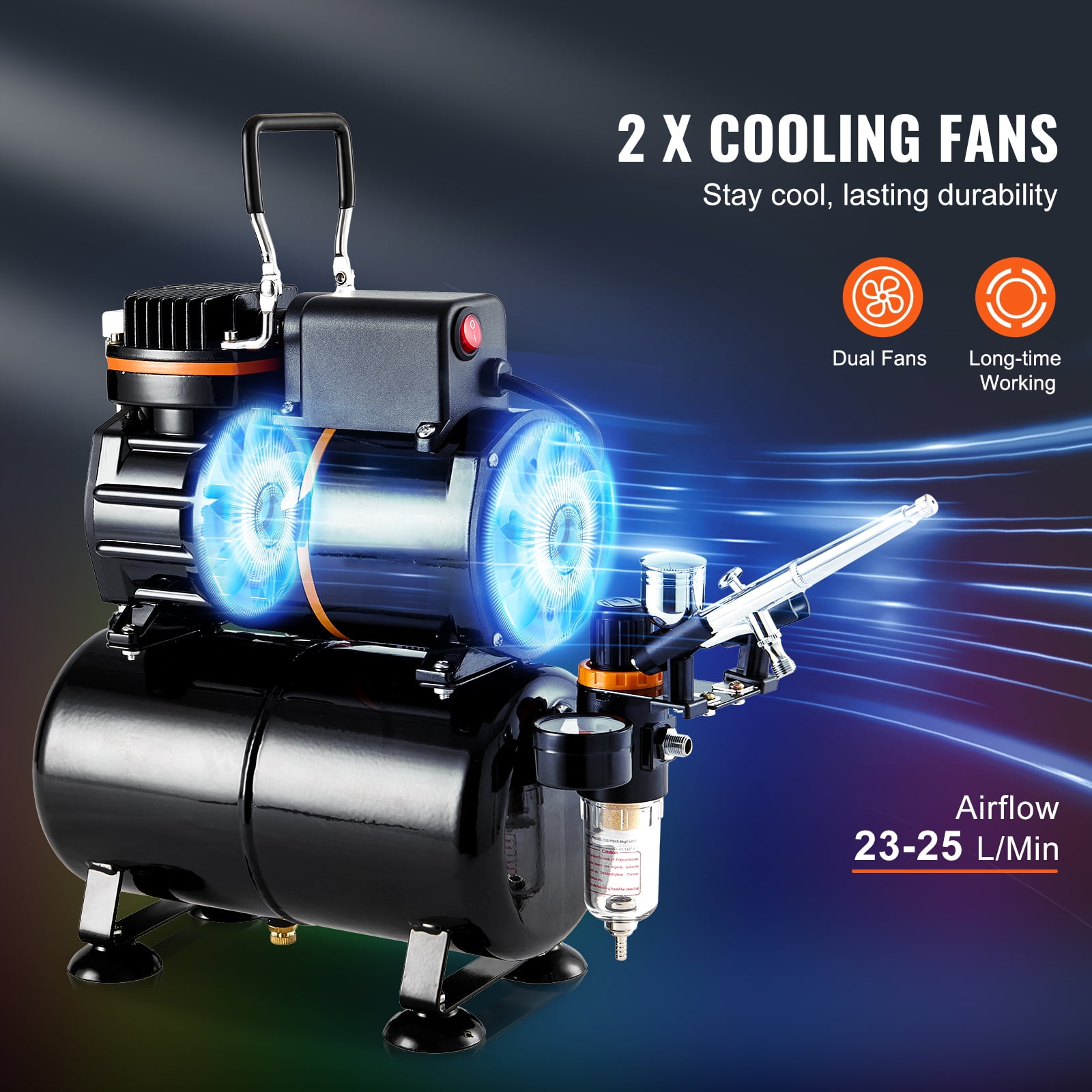 KFFKFF Airbrush Ensemble, Compressor System with Twin Fans and 3.5L Air Reserve Tank, Air Brush Kit featuring 0.3 mm Nozzle Airbrush, Stand, Palette for Color Blending, Set of Brushes for Cleaning