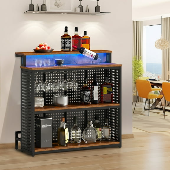 ERTWER Mini Home Bar Unit with LED Light Liquor Wine Cabinet Bar Table with Footrest –  Mini home bar with LED lights and foot pedals, small wine cabinet style cocktail table