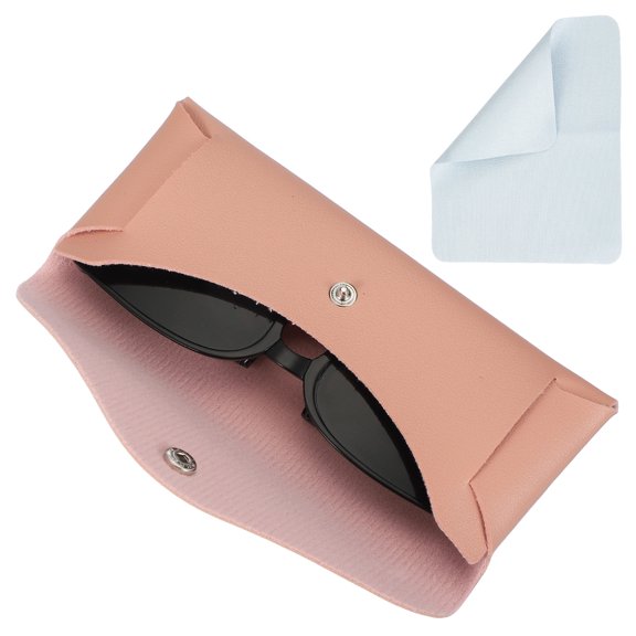 Funda de gafas de cuero con botón y paño de limpieza para mujeres y hombres, estuches para gafas de sol (rosa)