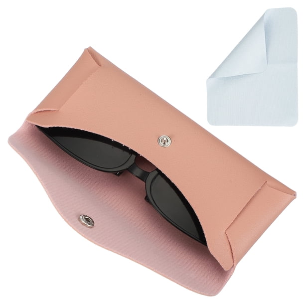 Funda de gafas de cuero con botón y paño de limpieza para mujeres y hombres, estuches para gafas de sol (rosa)