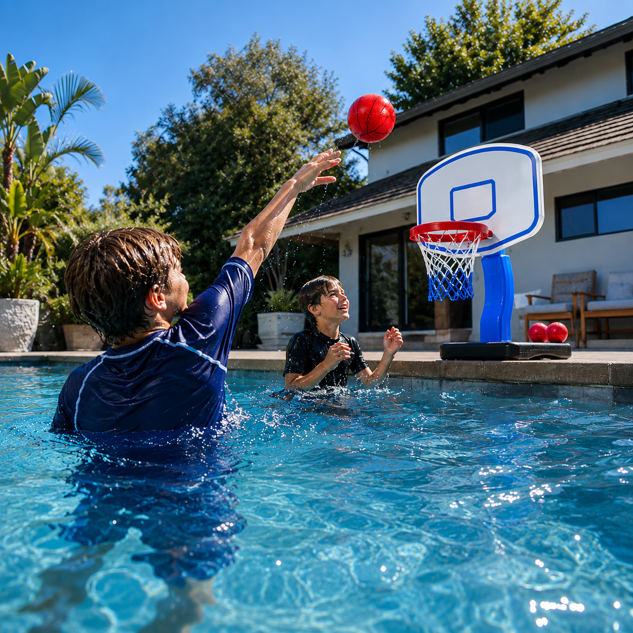 Lucky Doug Pool Basketball Hoop for All Age, Adjustable Water Basketball Hoop with 4 Balls & Pump, Indoor Outdoor Toddler Basketball Goal for Ages 3+, Poolside Basketball Game Indoor Outoor