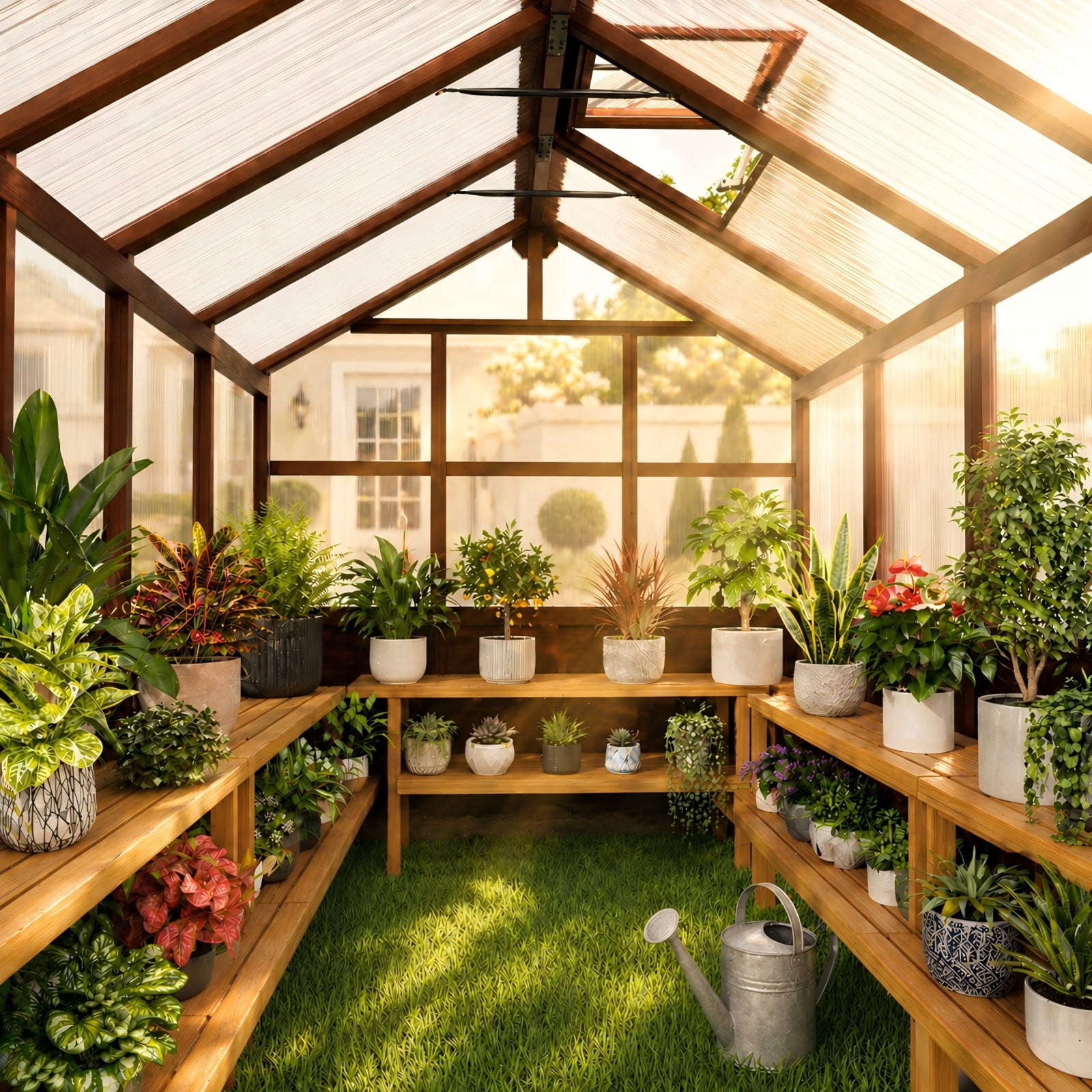 PABIMIA 8 ft. x 16 ft. Wood Greenhouse, Outdoor Walk-in Greenhouse Kit with Polycarbonate Panels and Adjustable Roof Vent