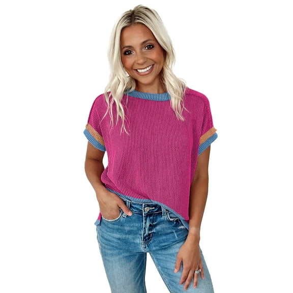 Women's Bright Pink Textured Round Neck T-Shirt with Contrast Trim - [ZhiHiMeRi] | (US 12-14)L