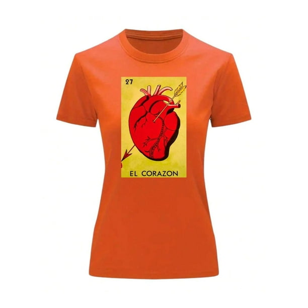Playera Blusa El Corazon De La Loteria Mexicana Tradicion Mexicana Color Anaranjado Talla Chica Marca Emil SaEs