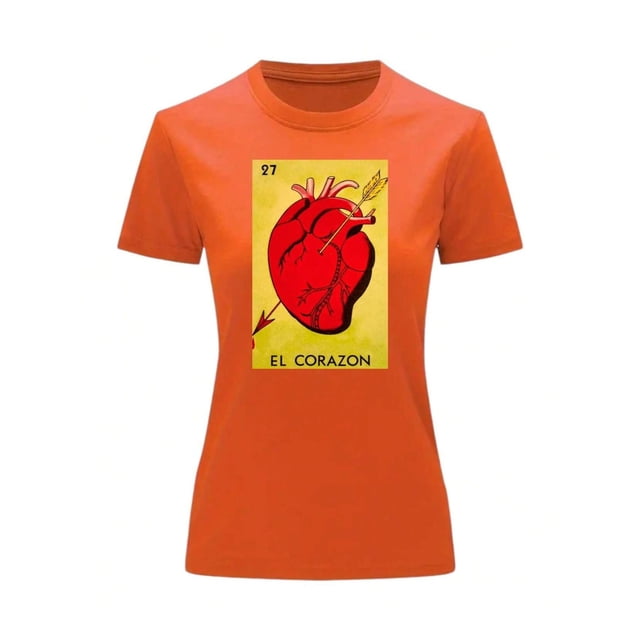 Playera Blusa El Corazon De La Loteria Mexicana Tradicion Mexicana Color Anaranjado Talla Chica Marca Emil SaEs