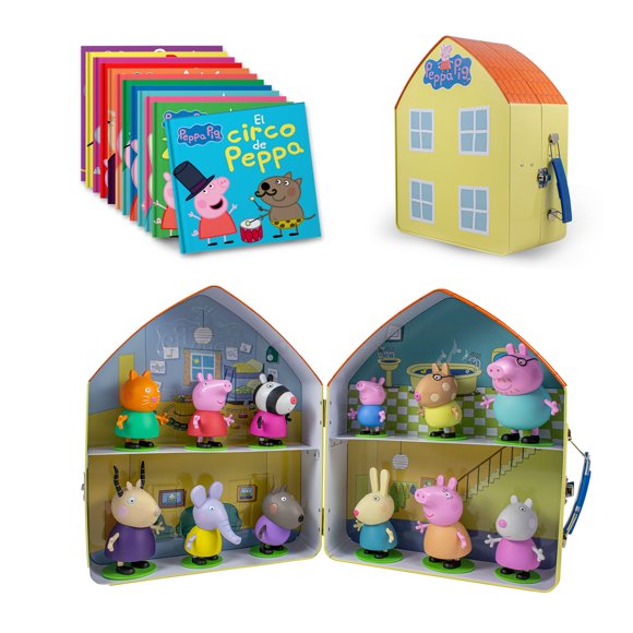 Set de Juego Peppa Pig: 12 Figuras, 12 Libros Cuentos Y Caja Metálica Portátil Peppa Pig Personajes de la serie infantil animada Peppa Pig