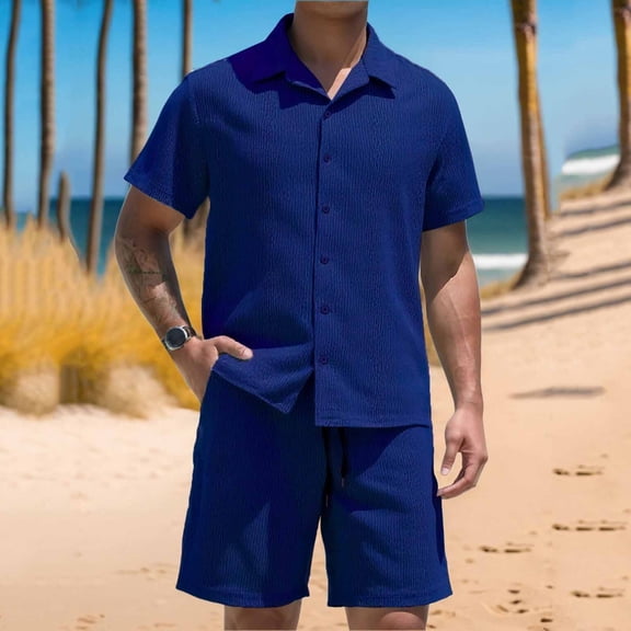 Maqroz Men's 2-Piece Summer Outfit Short Sleeve Button Down Shirt and Shorts Set Casual Hawaiian Style Beach Vacation Loungewear Lightweight Breathable Daily Wear