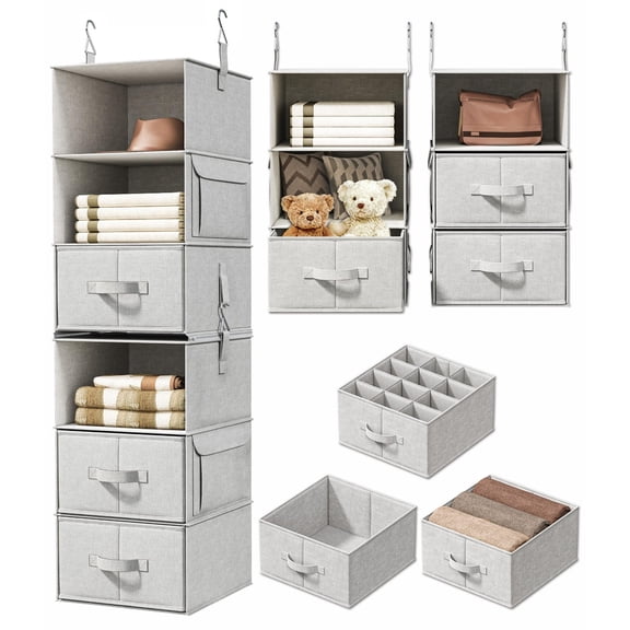 6-Tier Hanging Closet Organizer with Detachable Fabric Drawers, Foldable Wall Mount Wardrobe Storage System with Divided Storage Bins for Clothes, Bags & Accessories