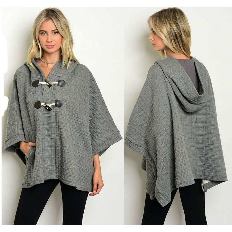 JED FASHION Women s Gray Hooded Poncho Toggle Coat Walmart