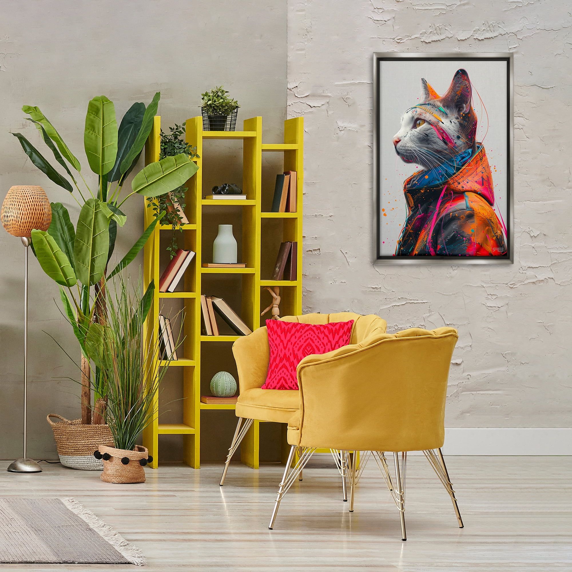 Stupell Industries Paint Splatter Cat Animals & Insects Painting Gray Floater Framed Canvas Art Print Wall Art, 21 x 31